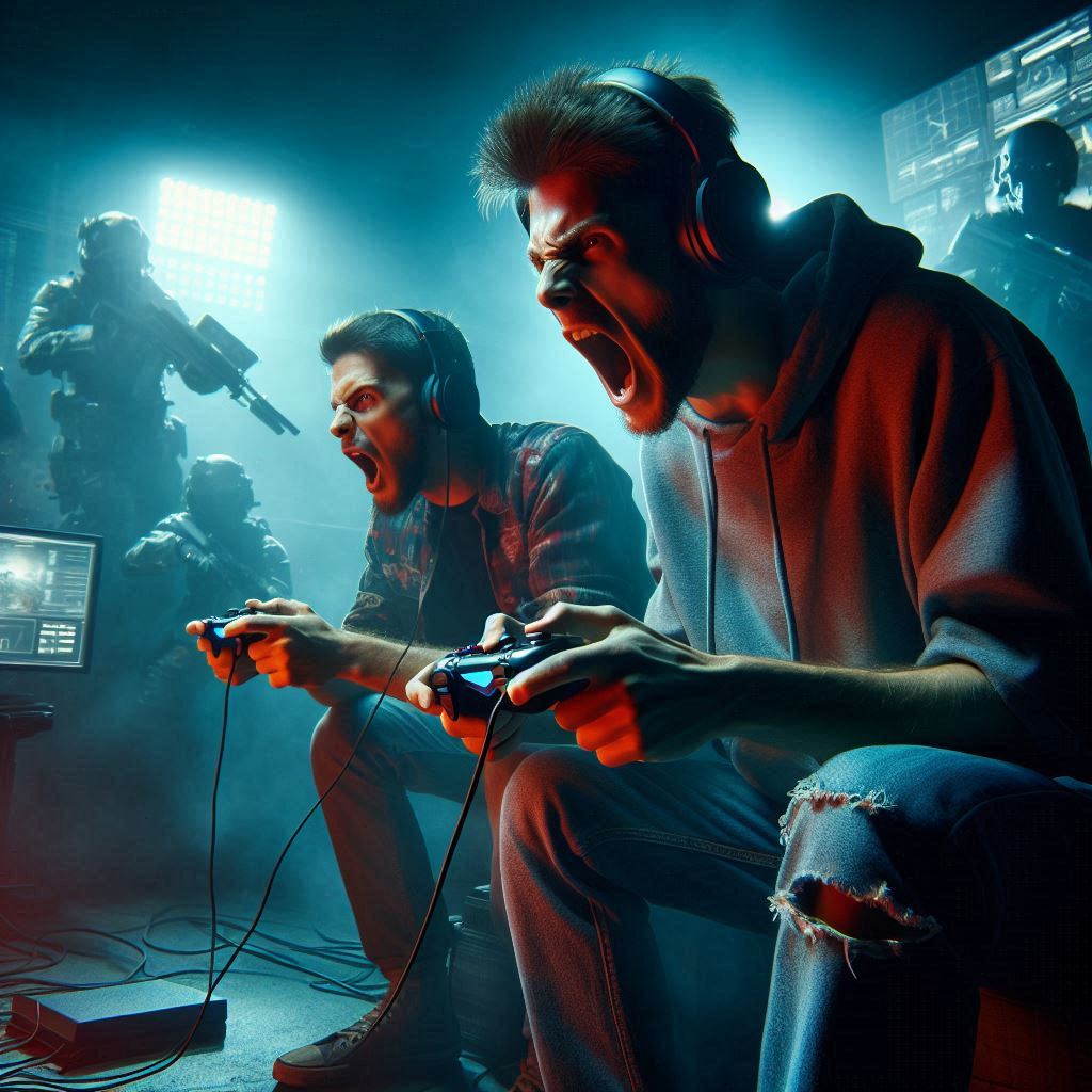Two passionate gamers scream in high-stakes battle, adrenaline-fueled tension and immersive focus lighting up their faces