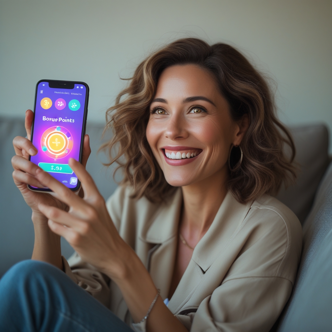 Smiling woman joyfully discovers bonus points on her smartphone, radiating excitement and satisfaction during a rewarding shopping moment