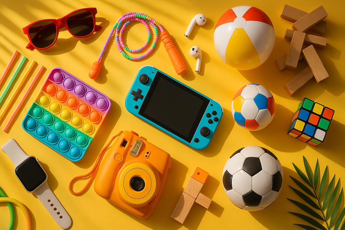 A joyful collection of colorful summer toys and gadgets under warm sunlight — capturing the spirit of fun, curiosity, and playful discovery.