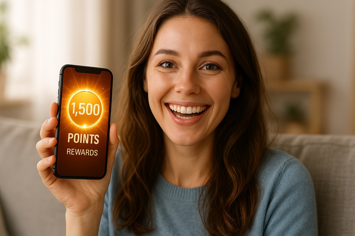 A smiling young woman holding her phone proudly, revealing a 1,500-point reward. Her eyes sparkle with joy, surprise, and the thrill of unexpected savings.