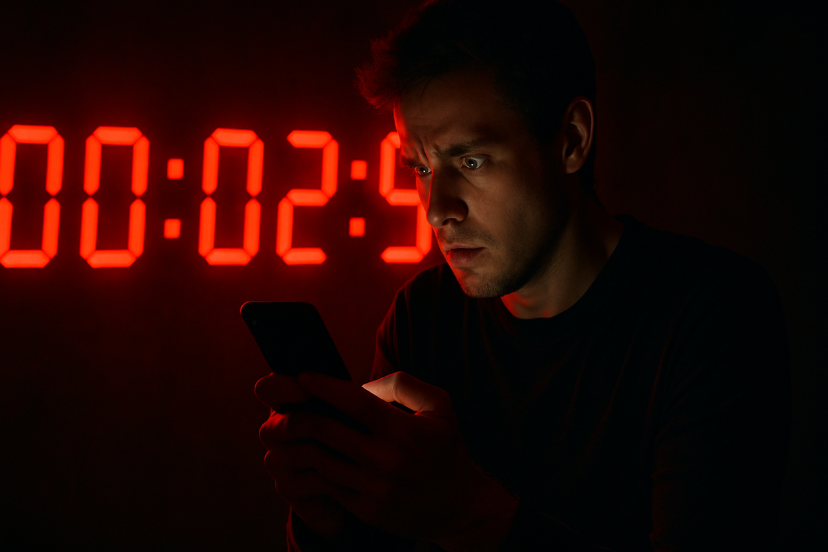 A man staring anxiously at his phone under a glowing red countdown timer, filled with tension and urgency, making a last-minute decision before time runs out