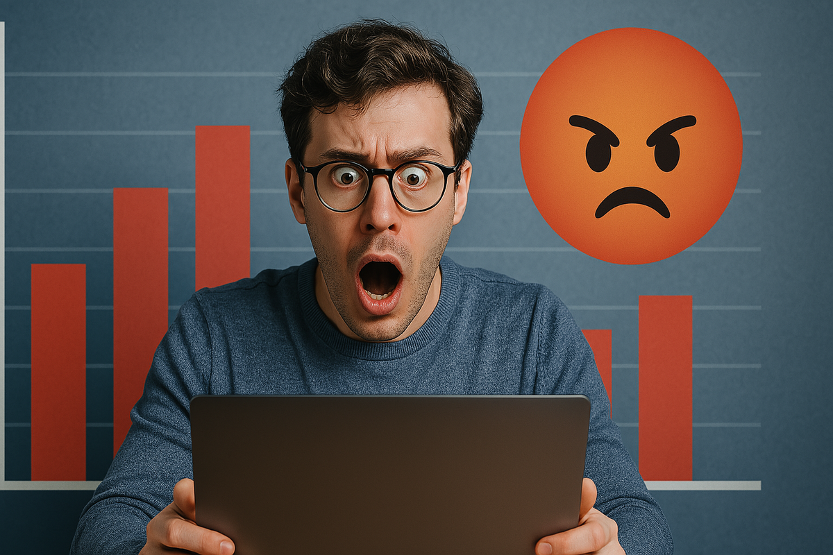 A shocked man staring at his laptop as red bar charts rise behind him, filled with disbelief, frustration, and urgency over unexpected results