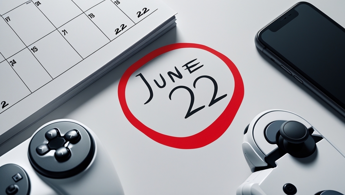 A dramatic close-up of a calendar marked June 22 with a red circle, surrounded by a smartphone and game controllers, evoking urgency, anticipation, and the thrill of a deadline