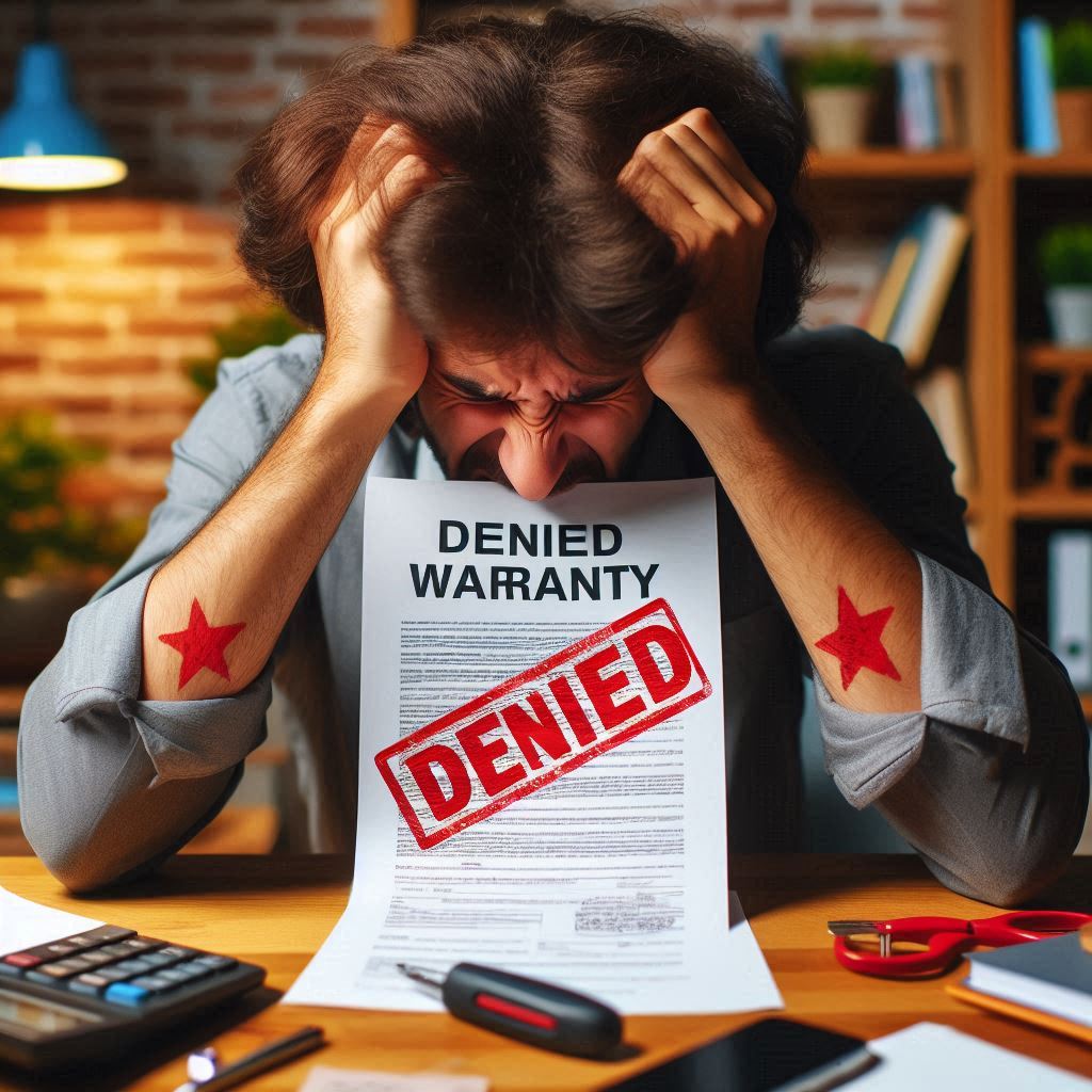 A distressed man gripping a denied warranty paper in frustration, overwhelmed by helplessness and regret. A powerful moment of emotional breakdown and disbelief.