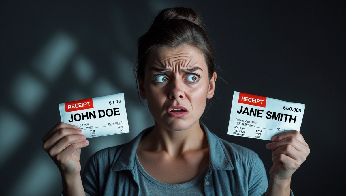 A confused and frustrated woman holding two mismatched receipts with different names, overwhelmed by uncertainty and concern. A moment of emotional conflict over denied warranty.