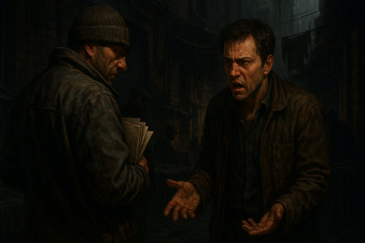 "A desperate man confronting a shady street seller, overwhelmed by frustration and disbelief after realizing he was sold a product without proper documents. A raw moment of betrayal and helplessness."