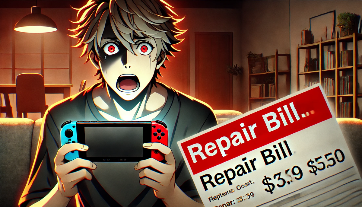 Shocked anime-style teen holding a broken game console and a shocking $550 repair bill, overwhelmed by despair, disbelief, and financial anxiety in a dramatic home setting.