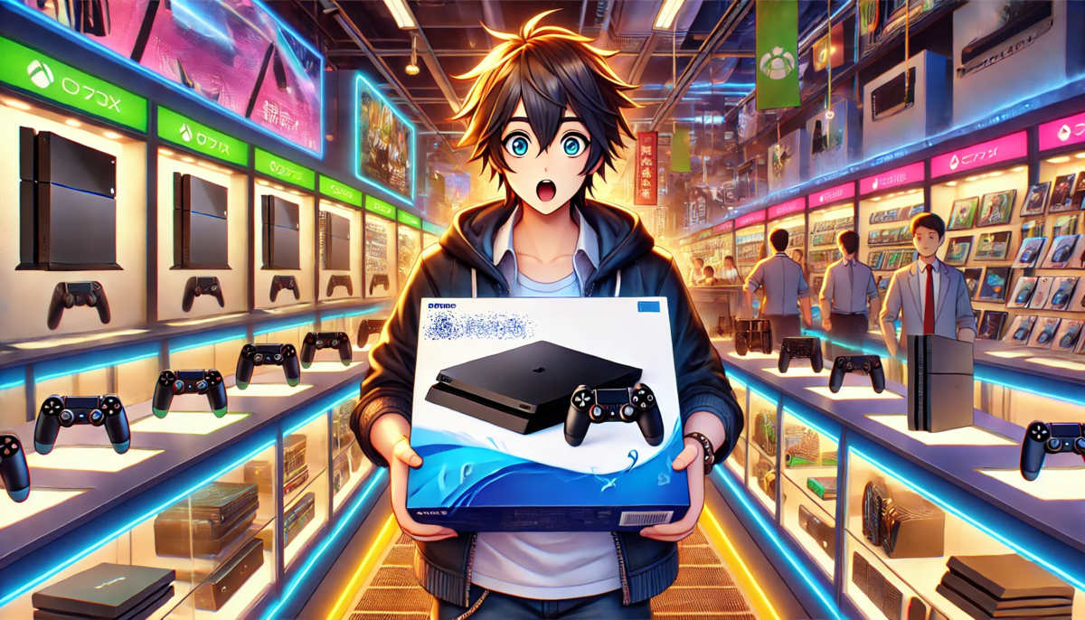 A wide-eyed anime-style gamer caught in a magical moment of joy, holding a brand-new PS4 box under the glowing lights of a vibrant Japanese electronics store — the thrill of discovery and nostalgia collide.