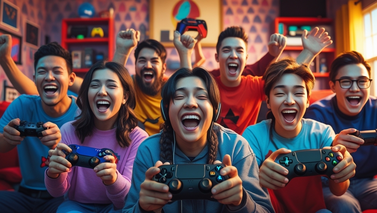 A vibrant burst of laughter and connection — a group of friends lost in a moment of shared joy and gaming magic, glowing with youthful energy and nostalgic warmth.