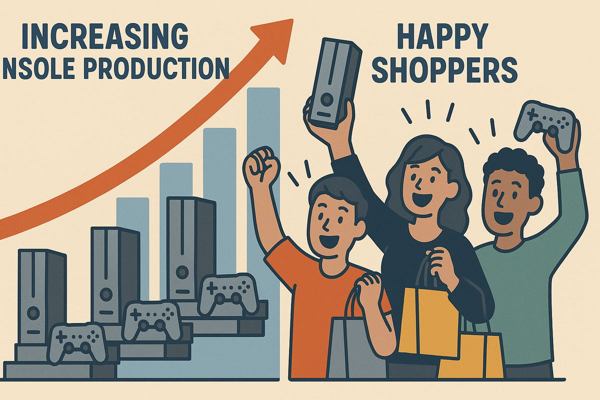 Happy shoppers celebrate a gaming boom as console production surges — joy, excitement, and digital dreams all rising together in perfect sync