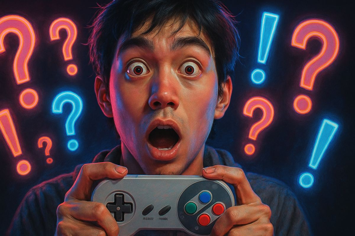 Young man with wide eyes and open mouth holding video game controller, neon question marks floating around him