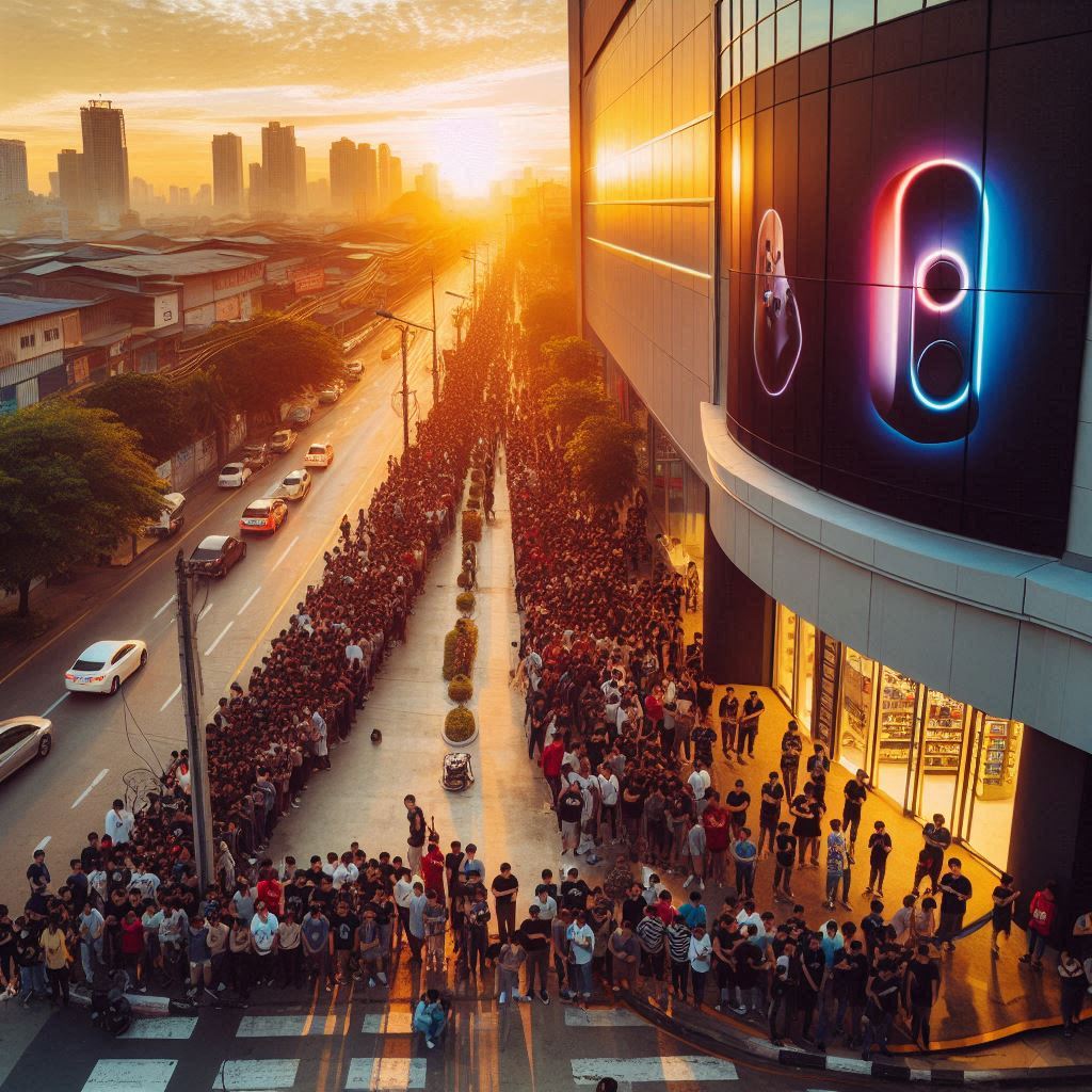 Massive crowd of hundreds queuing outside electronics store at golden hour - aerial view of gaming console shopping frenzy in urban cityscape