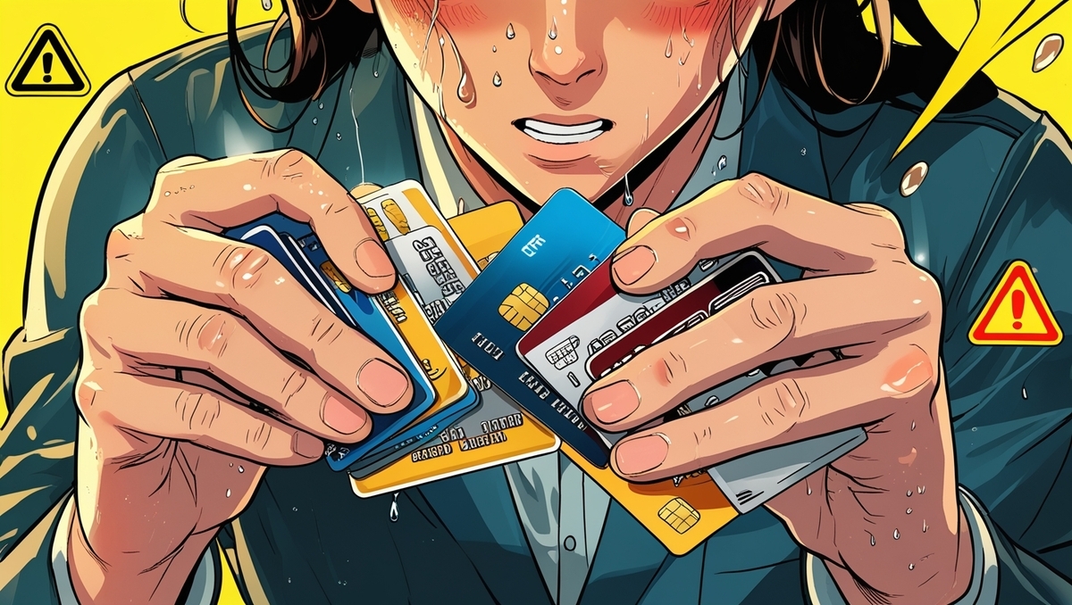 Overwhelmed person sweating profusely while frantically juggling multiple credit cards with confused desperate expression surrounded by warning symbols
