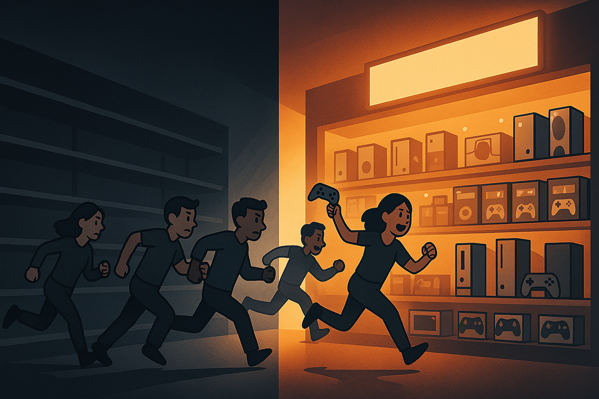 Triumphant gamer celebrating victory while holding gaming controller as desperate crowd chases behind in gaming store with shelves full of consoles