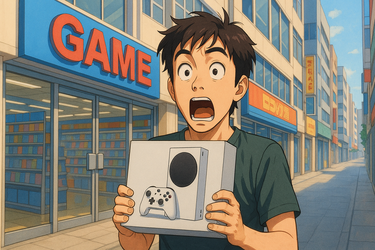 A stunned young gamer holding a newly purchased game console outside a Japanese game store, overwhelmed with surprise and joy on an unexpectedly lucky day