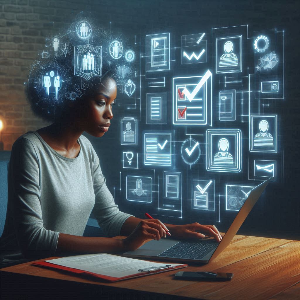 A determined woman deeply immersed in eligibility checks on her laptop, surrounded by glowing digital profiles — a quiet storm of focus, pressure, and hope in the age of digital verification.