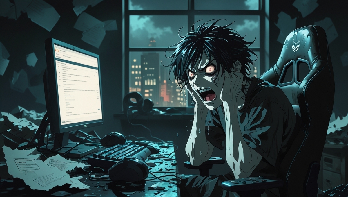 A young gamer in total despair, screaming at the screen in an emotional breakdown, surrounded by chaos—capturing the raw tension of digital rejection and human vulnerability.