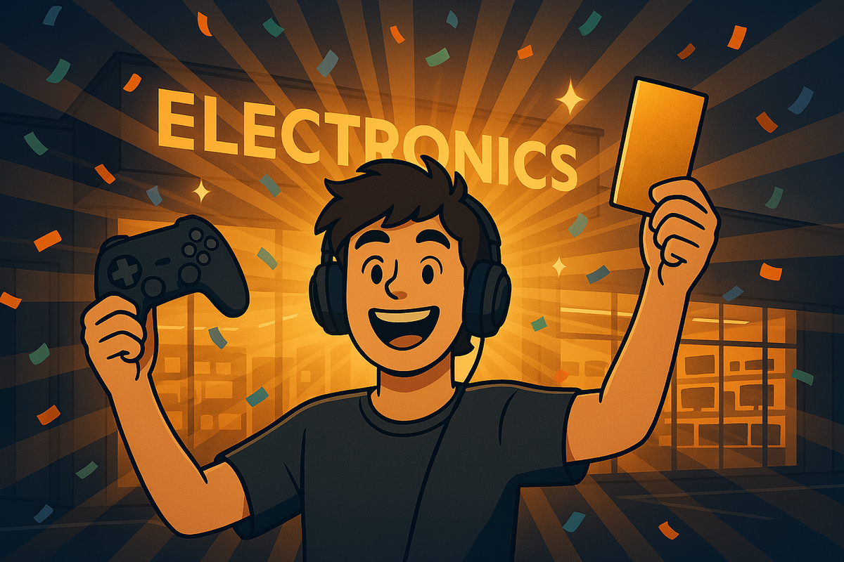 A joyful young gamer celebrating a lottery win in front of an electronics store, glowing with excitement, hope, and triumph — capturing the emotional peak of a once-in-a-lifetime moment.