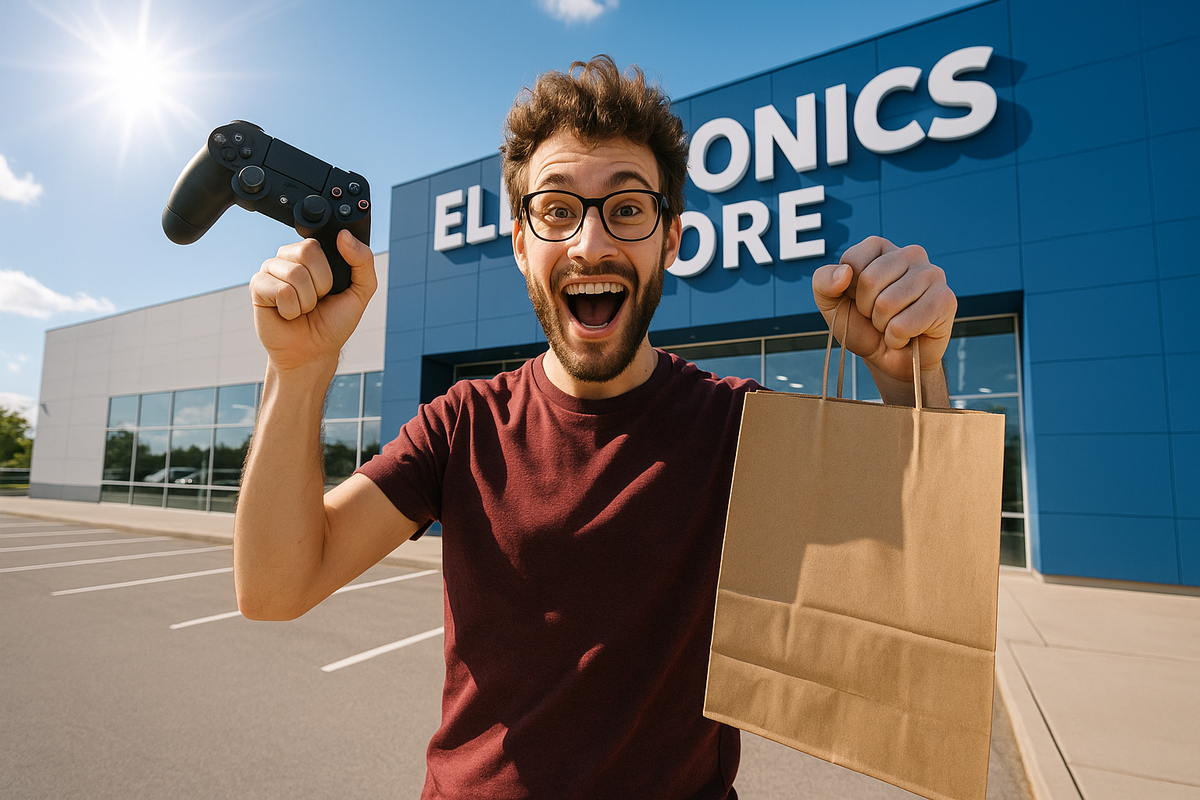 A thrilled man just bought a game console at a real electronics store under the sunny sky — pure joy after a long wait and the excitement of finally getting one. This image represents the happiness of securing a sought-after item during a rare in-store sale.