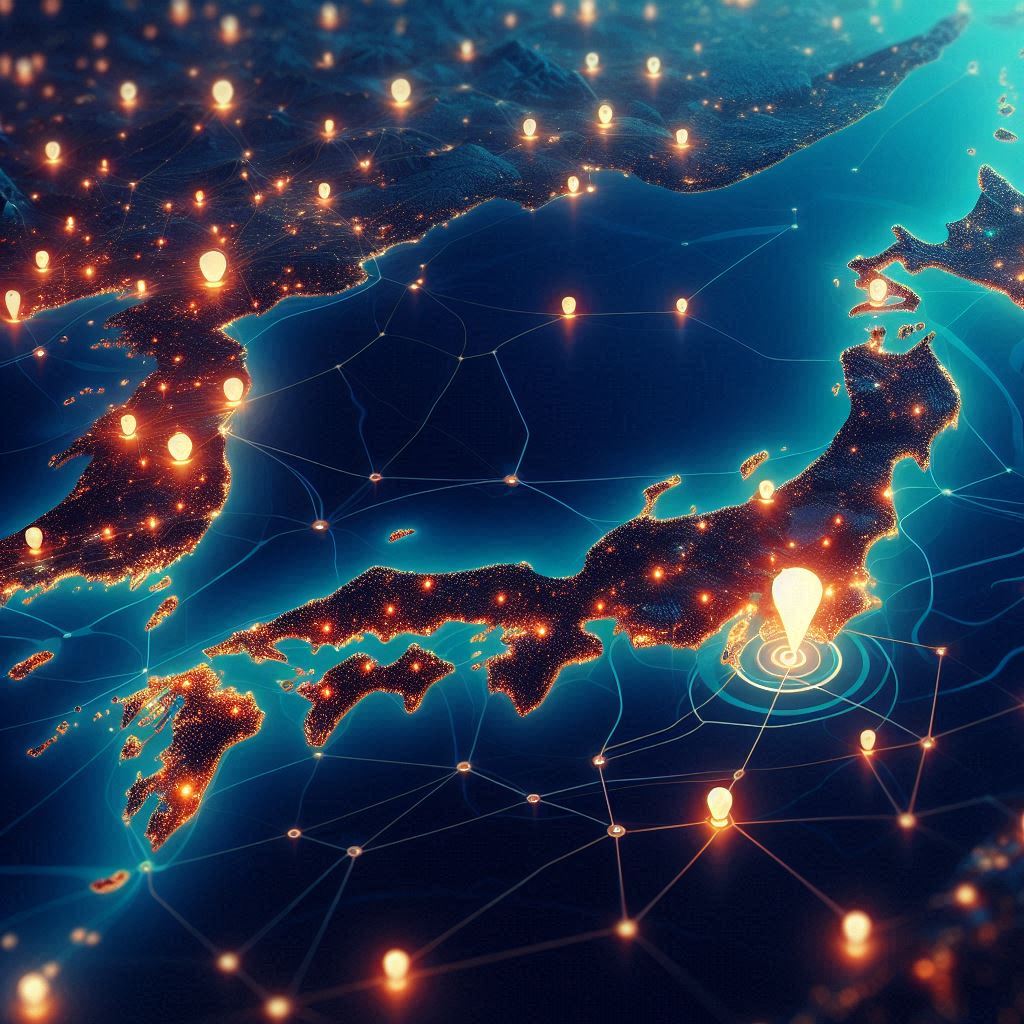 Glowing digital map of Japan at night with a massive location marker over Tokyo, representing the thrilling hunt for in-store Switch2 availability — urgency, excitement, and a hint of victory light up the scene.