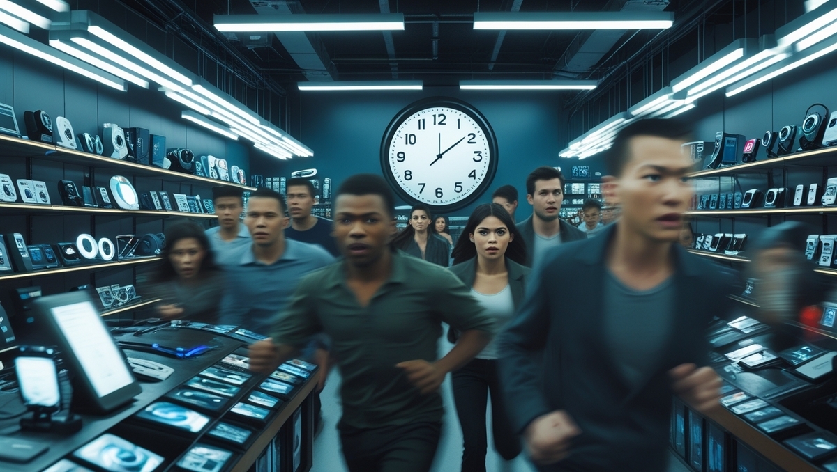 A crowd of anxious customers rushes through an electronics store as the clock strikes ten, capturing the intense urgency and raw energy of a rare in-store game console release — every second counts.