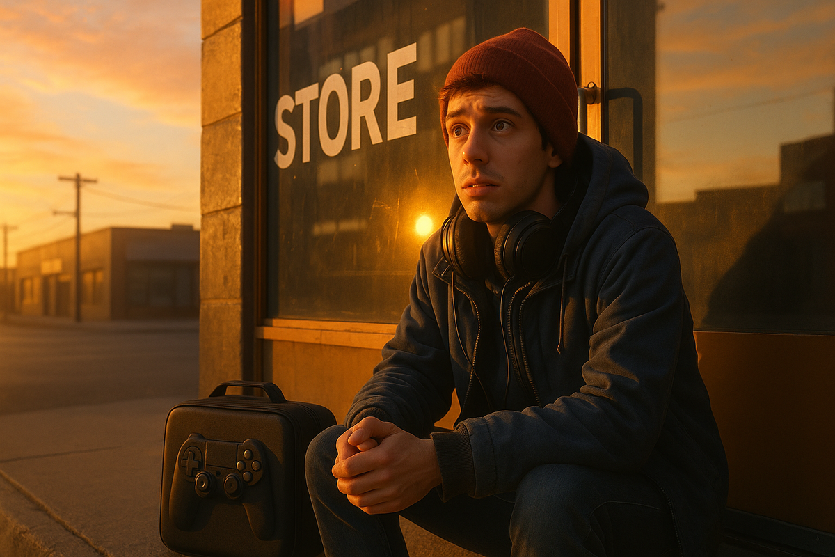 A hopeful yet anxious gamer waiting outside a closed store at sunrise, clutching his console case — a quiet moment filled with longing and anticipation.
