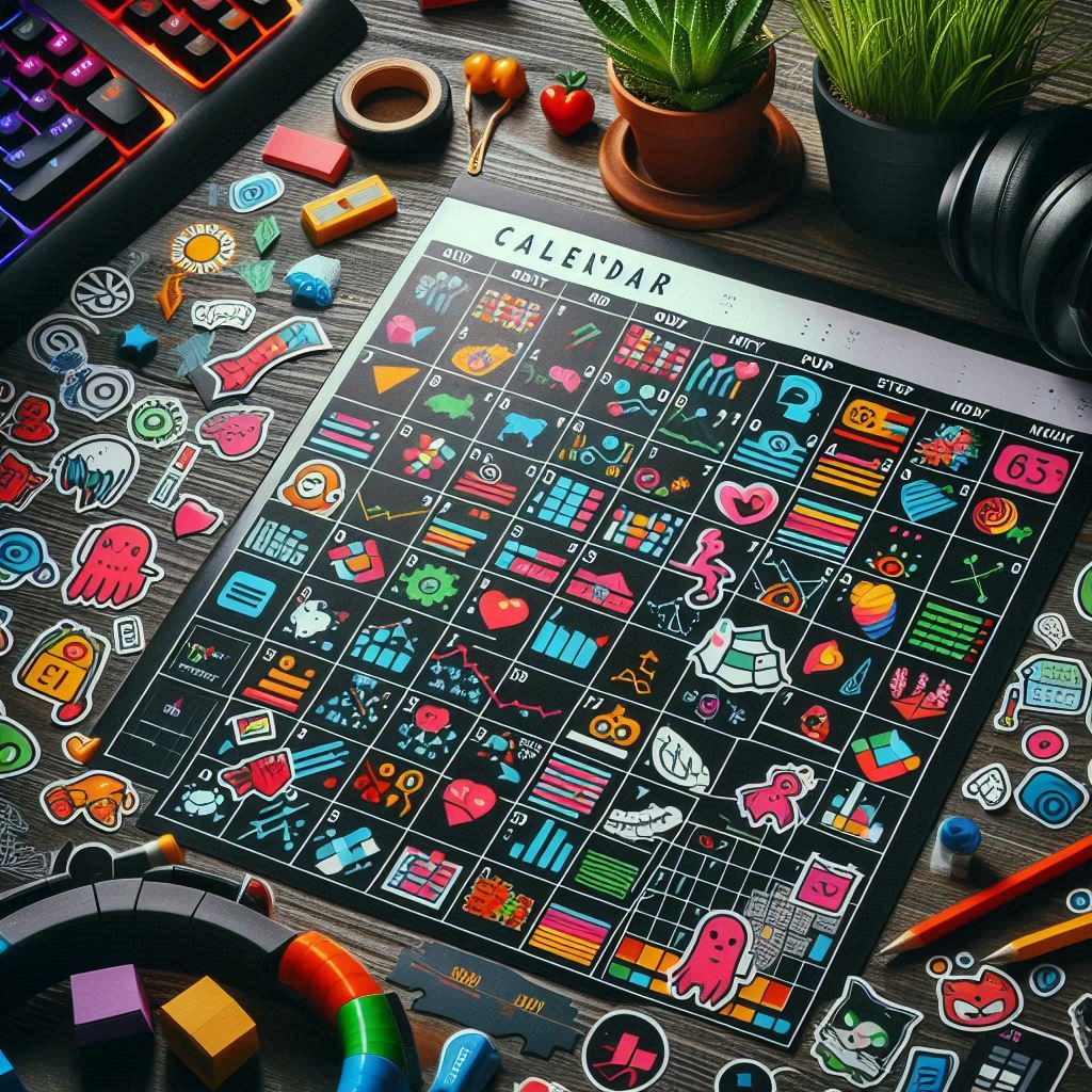 A vibrant, emotion-packed calendar filled with playful gaming icons, colorful data, and planning tools — capturing the excitement and anticipation of the next big release."
