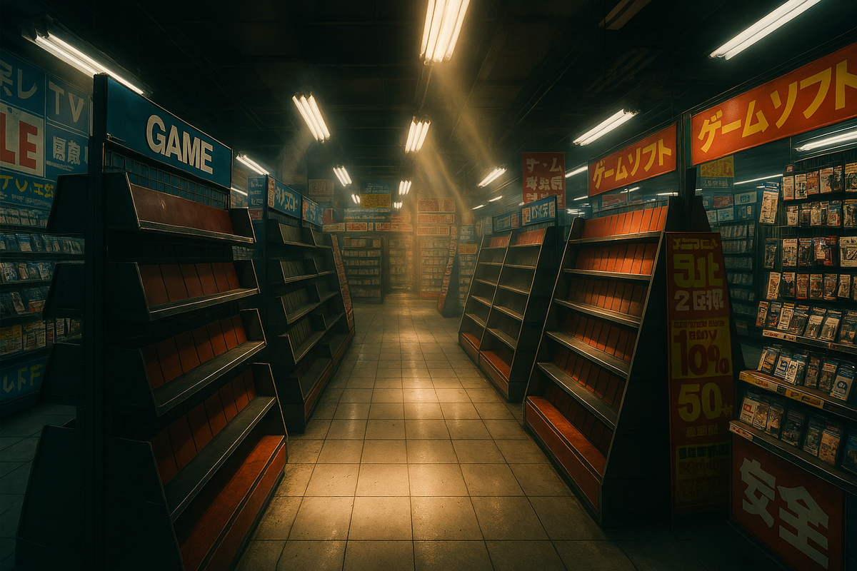 A dimly lit Japanese game store with empty shelves glowing under nostalgic fluorescent lights, capturing the anxious wait and fading hope for a restock.