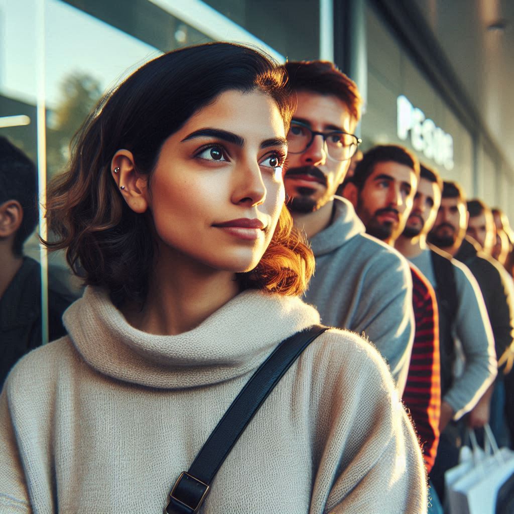 A hopeful young woman waiting patiently in a long morning line, sunlight reflecting on her face, filled with quiet anticipation and a sense of determination.