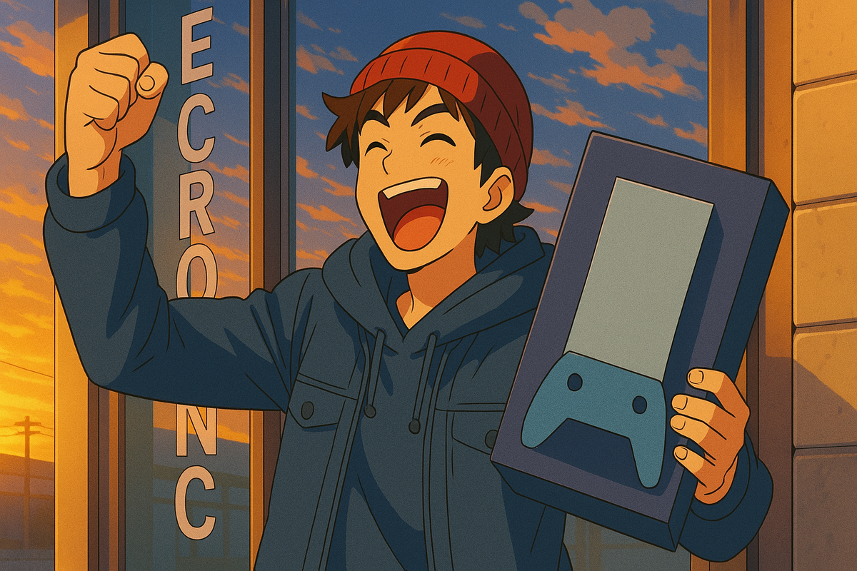 A joyful young man celebrating outside a store at sunset, triumphantly holding a new gaming console box with pure excitement and glowing satisfaction on his face.