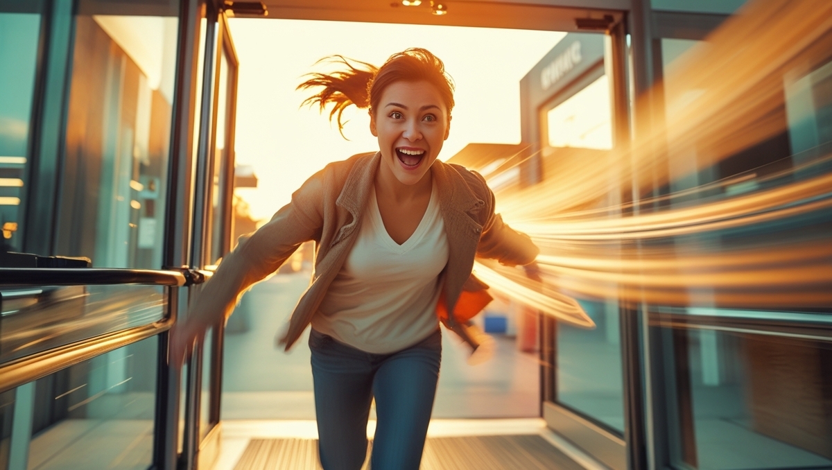 A young woman bursting through a store entrance at sunrise, beaming with pure joy and unstoppable excitement, golden light trailing behind her as she races for her dream purchase.