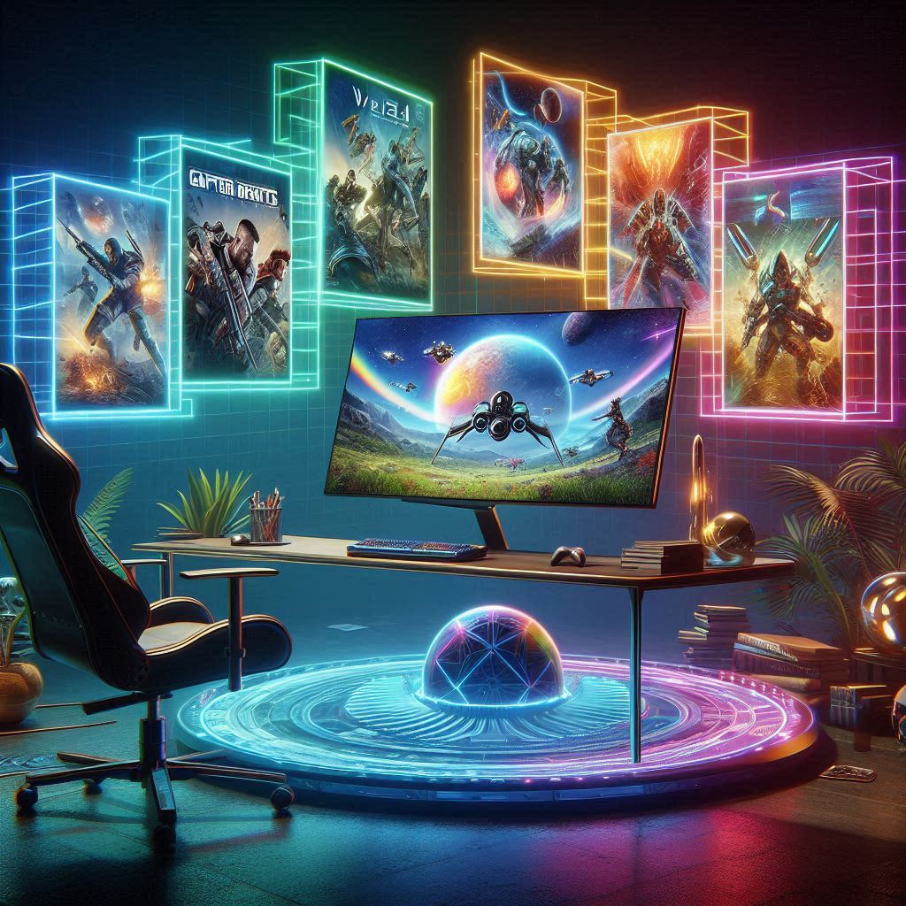 A nostalgic yet futuristic gaming dream space with glowing neon lights, immersive game posters, and a cosmic galaxy view—evoking awe, childhood wonder, and pure gamer joy.