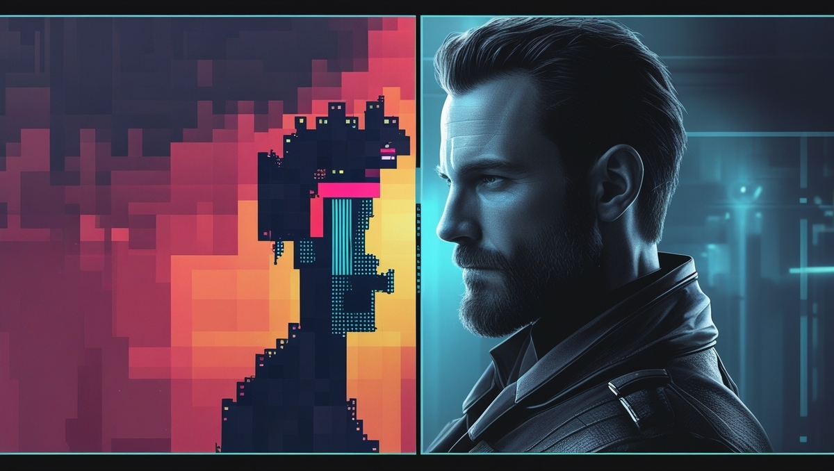 A powerful side-by-side of a pixelated retro silhouette and a lifelike modern gamer, evoking deep nostalgia, time-travel wonder, and the emotional evolution of gaming."