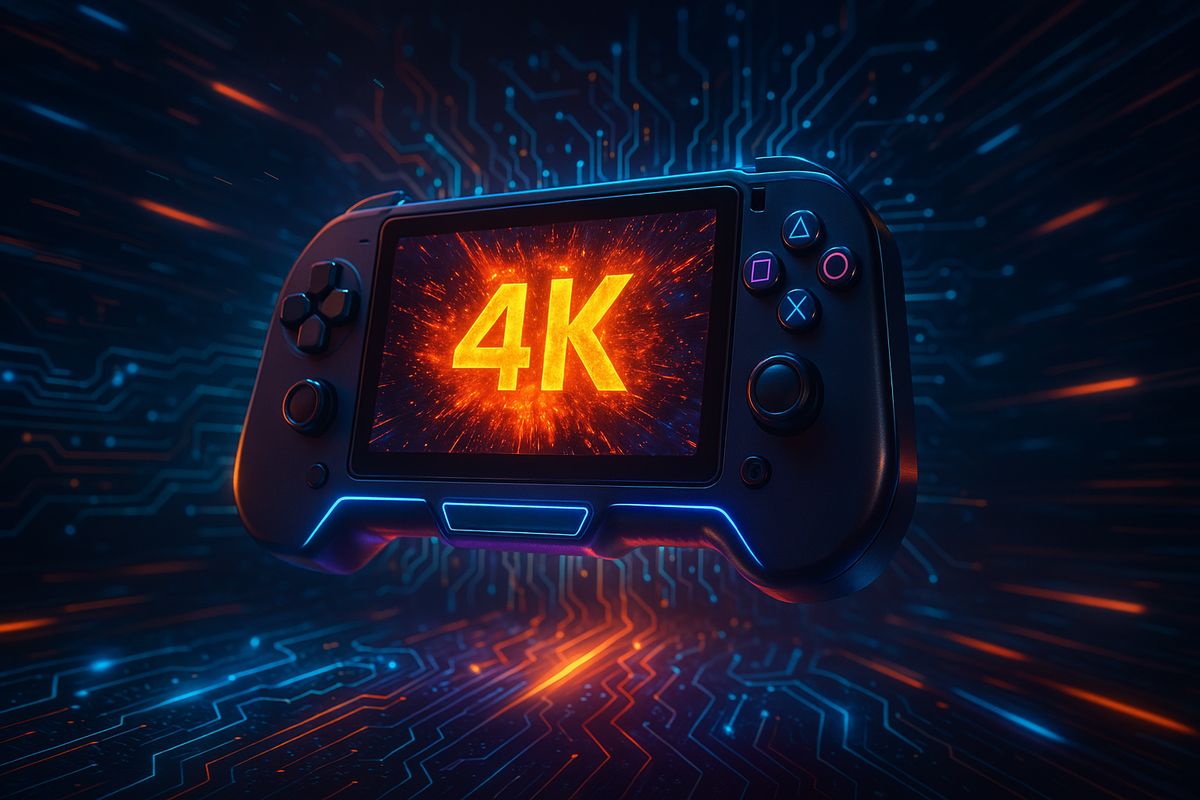 A blazing next-gen handheld console bursting with 4K power, surrounded by glowing circuit energy—capturing the thrill of technological wonder and future-ready excitement."