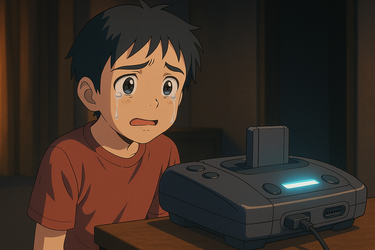 A tearful young boy staring at a retro game console, overwhelmed with emotion and heartbreak — capturing the nostalgic pain of childhood game memories lost.