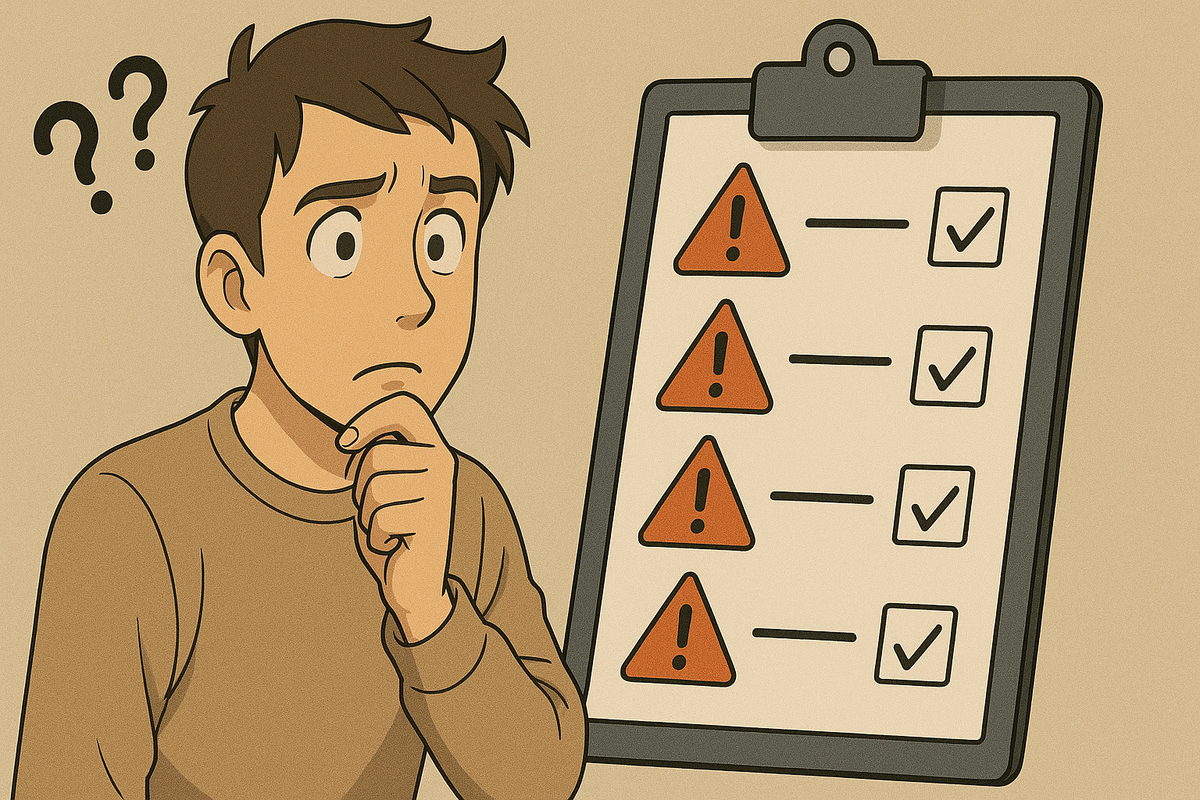 Worried man staring at a checklist filled with warning signs, feeling anxious and uncertain about making the right decision – emotional tension and urgency conveyed.