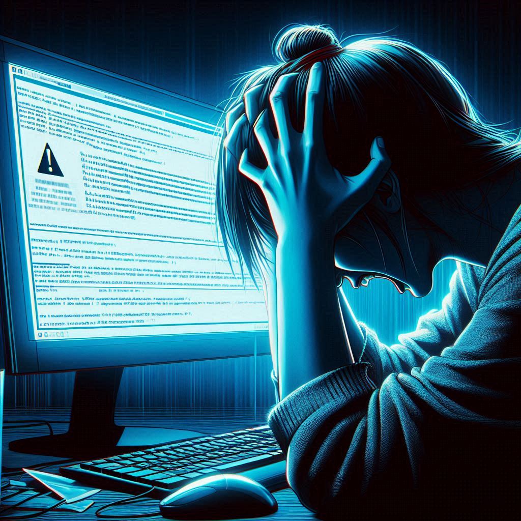 A stressed woman clutching her head in front of a glowing screen, overwhelmed by an unexpected system error – intense anxiety and helpless frustration.