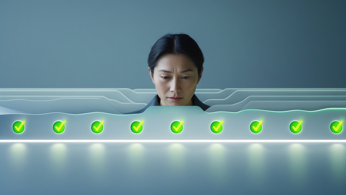 A calm woman reviewing a list of completed tasks, surrounded by glowing green checkmarks — a serene sense of clarity, relief, and accomplishment.”