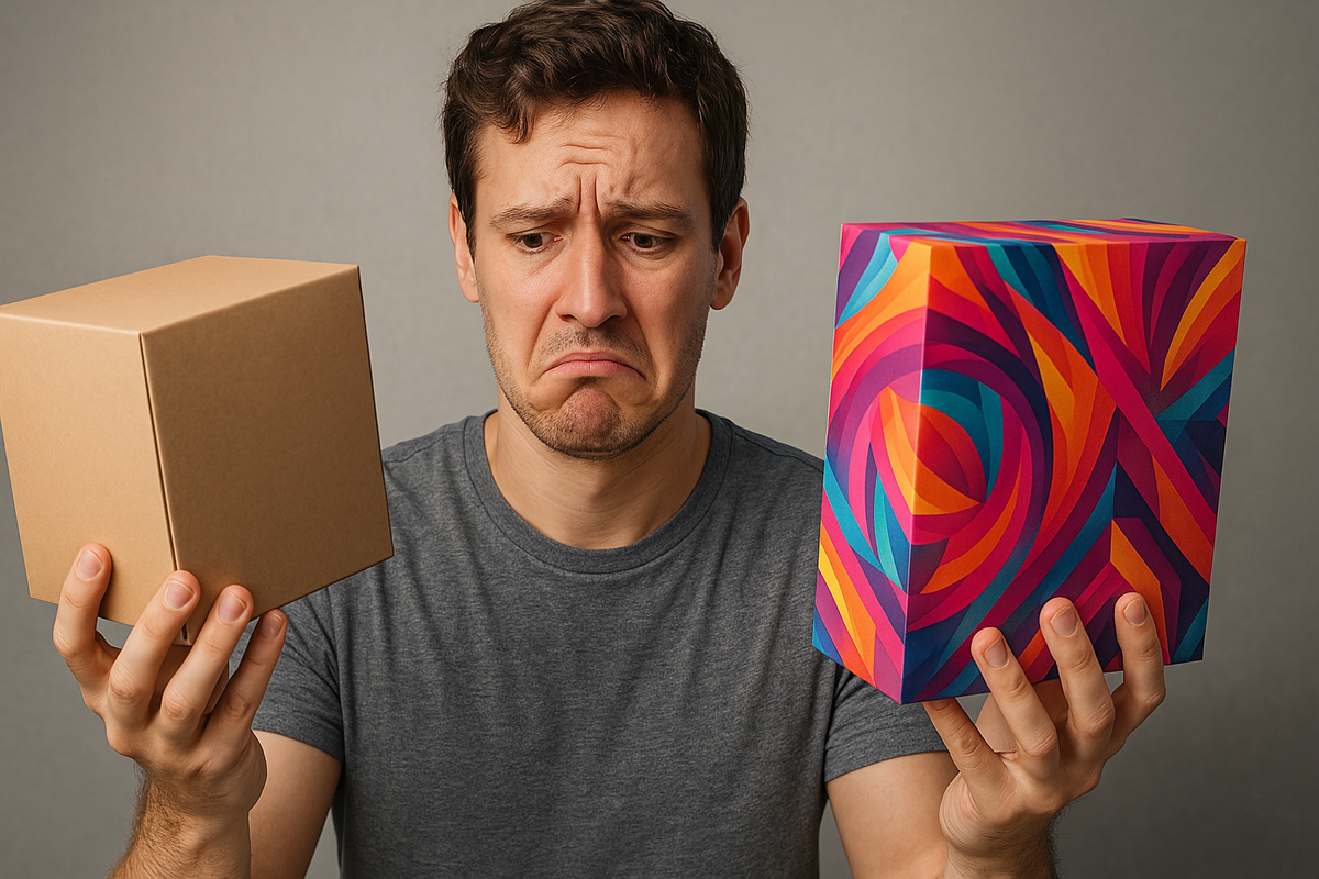 A confused man holding two boxes — one plain, one colorful — with a conflicted and disappointed expression, struggling to make the right choice between options.