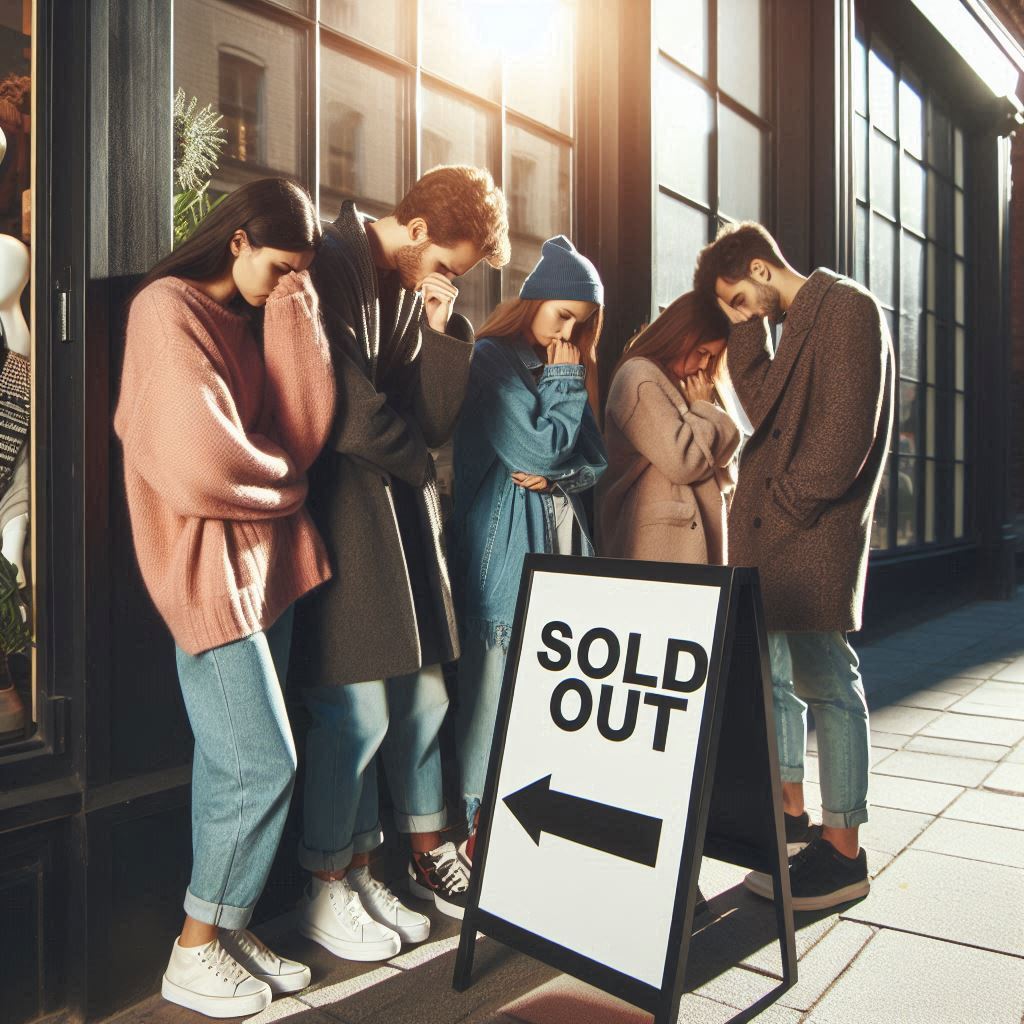 A heartbroken group of young people standing in front of a store's "SOLD OUT" sign, heads down in visible disappointment, the golden morning light casting long shadows of their dashed hopes.