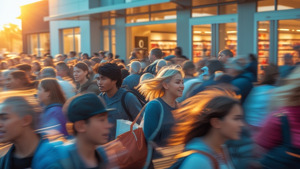 A wave of eager shoppers rushes toward a store entrance at sunrise, their faces filled with urgency, hope, and the thrill of a once-in-a-lifetime purchase moment.