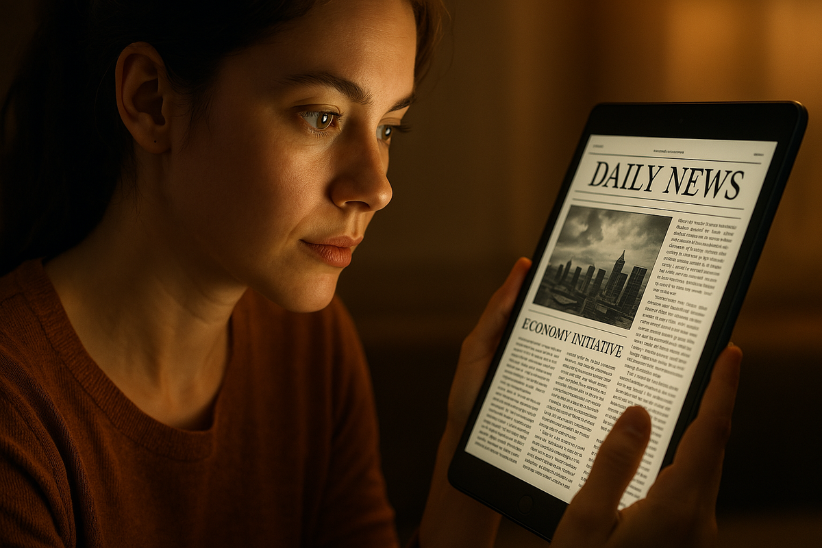 A young woman reads breaking news on her tablet in soft evening light, her eyes filled with quiet urgency and focused curiosity, immersed in a world-changing headline.