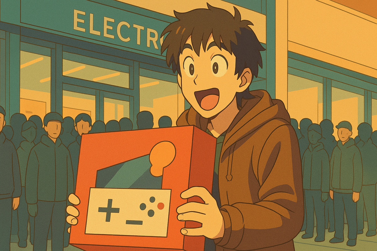 A joyful young man holding a newly bought game console in front of an electronics store, his face beaming with excitement and triumph after waiting in a long line.