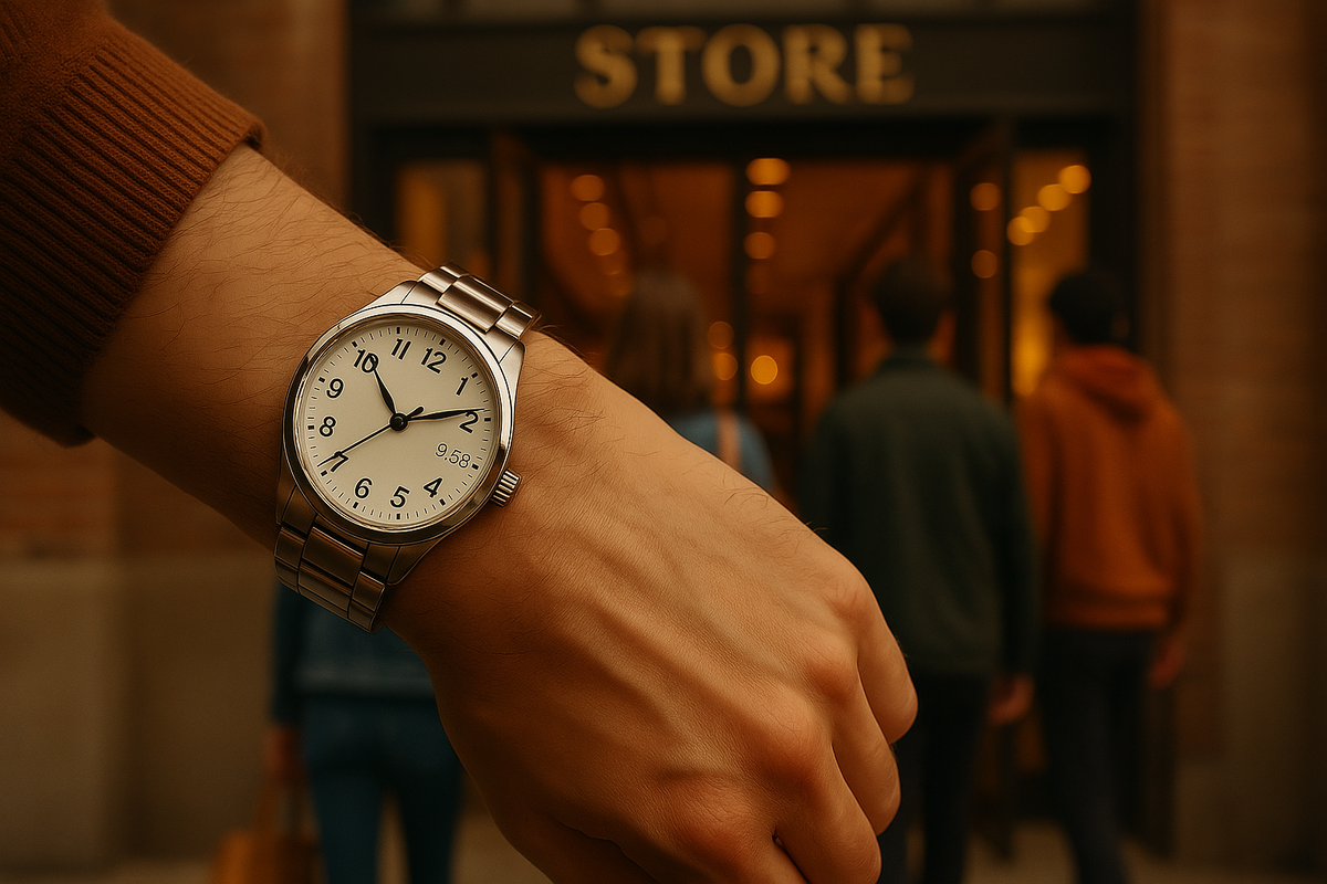 A person’s wristwatch showing 9:58 AM in front of a warmly lit store entrance, capturing the thrill and urgency of a secret early shopping moment.