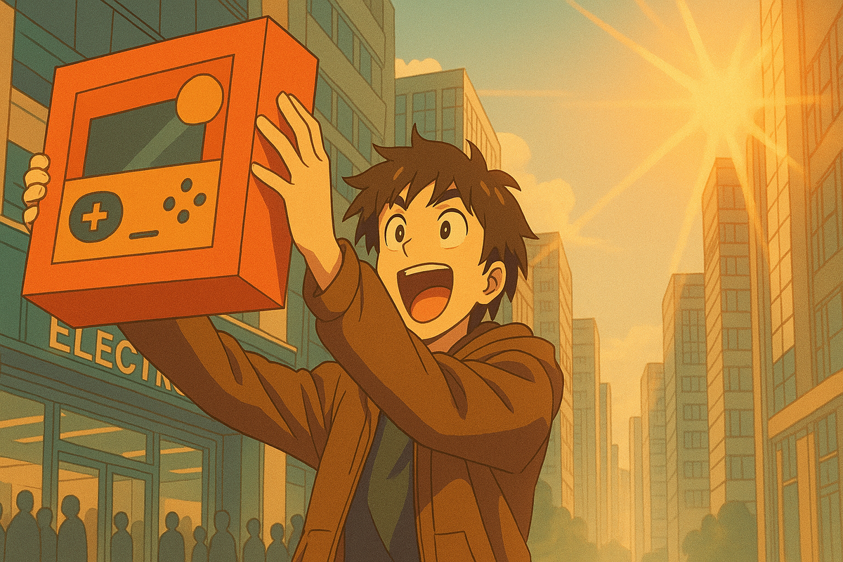 A joyful young man lifts a newly bought game console into the sunlight with pure excitement, surrounded by tall city buildings and the golden glow of morning victory