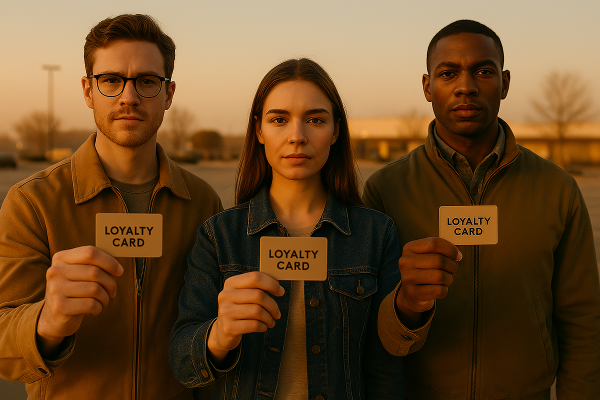 Three individuals holding loyalty cards in golden hour sunlight, unified by purpose and silent determination. A quiet bond in a fast-moving world.