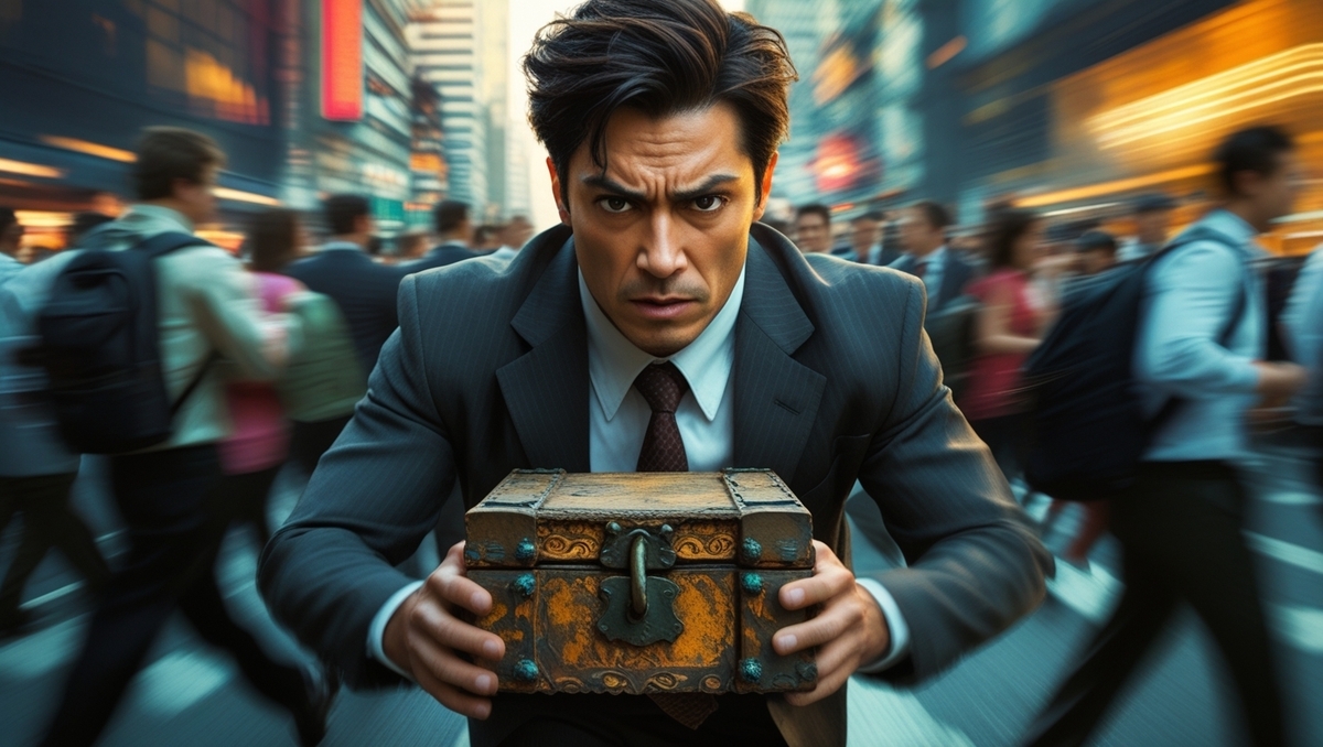 A determined man racing through a crowded city street, clutching a mysterious locked box with fierce urgency and burning intensity in his eyes