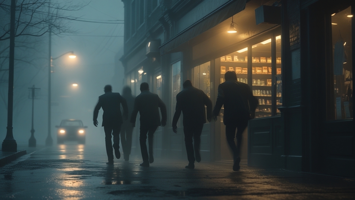 In a dense morning fog, five shadowy figures dash toward a brightly-lit shopfront—tension thick in the air, urgency crackling like electricity. The city holds its breath."