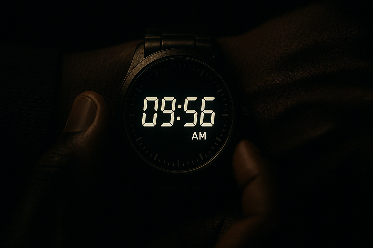 "A tense close-up of a glowing digital wristwatch displaying 09:56 AM, moments before a life-changing event. The dim light and silent anticipation build a sense of urgency and emotional gravity.
