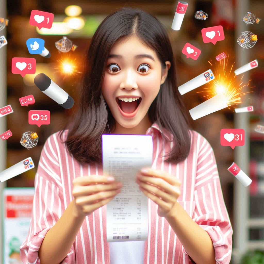 Overjoyed young woman holding a long receipt, exploding with likes and social media icons around her, representing the unexpected thrill of a viral shopping moment.